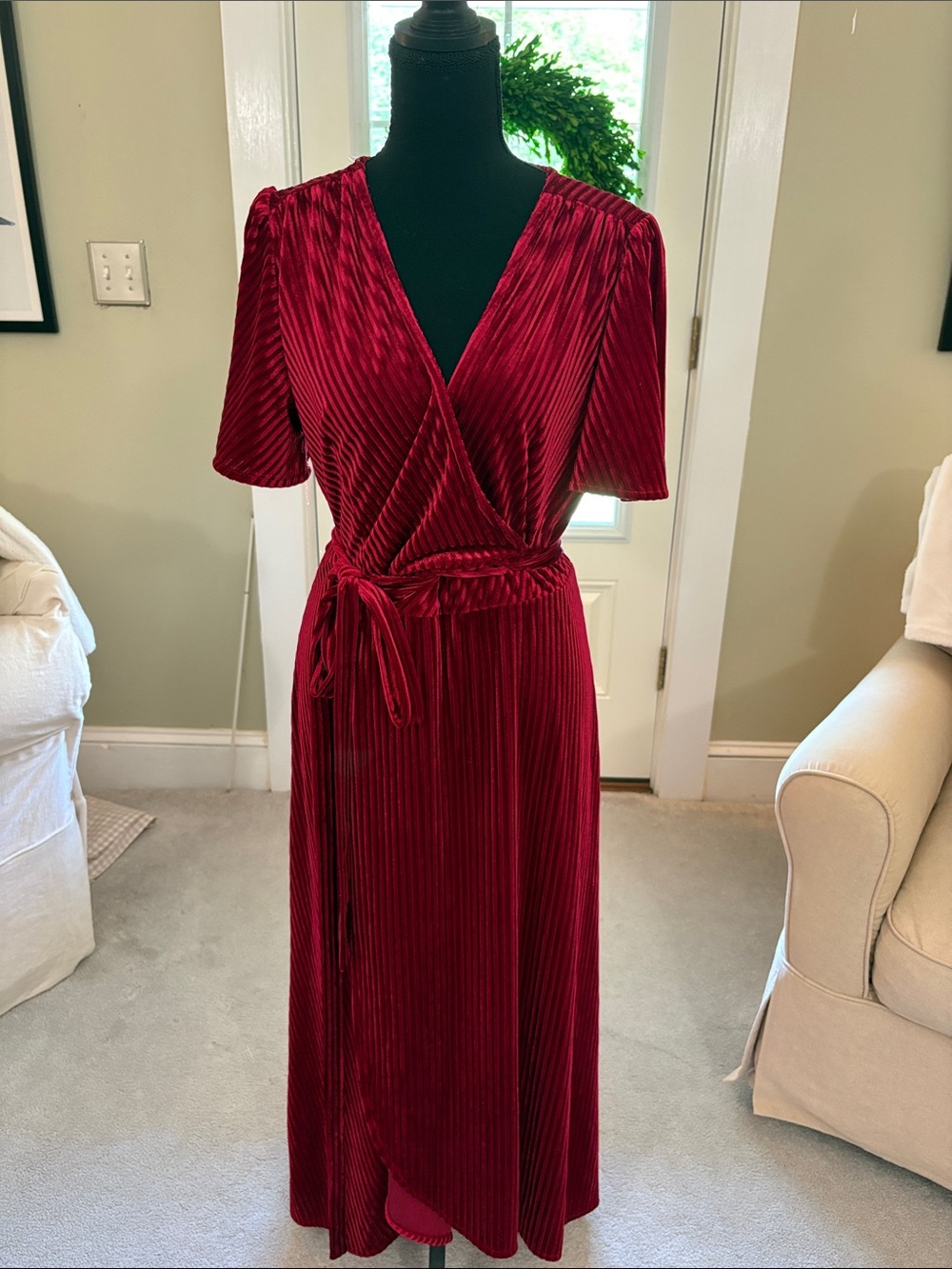 Simplee Apparel Red Velvet Pleated Wrap Midi Dress